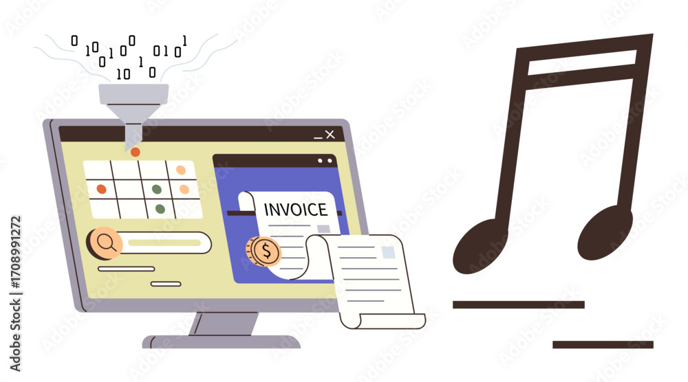 Poster computer screen showing data funnel into file processing and invoice creation. music note represents