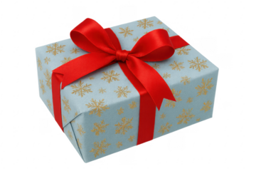 Light blue christmas gift with red ribbon and golden snowflakes on transparent background