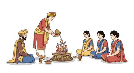 Indian Hindu Puja ceremony with fire and devotees