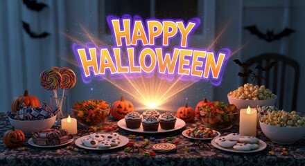 A halloween feast displayed on a table with candy pumpkins and happy halloween text overlayed