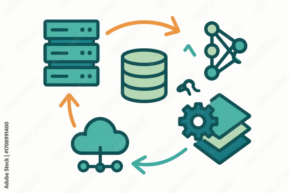 Poster compelling illustration of interconnected data structures showcasing database management, cloud comp