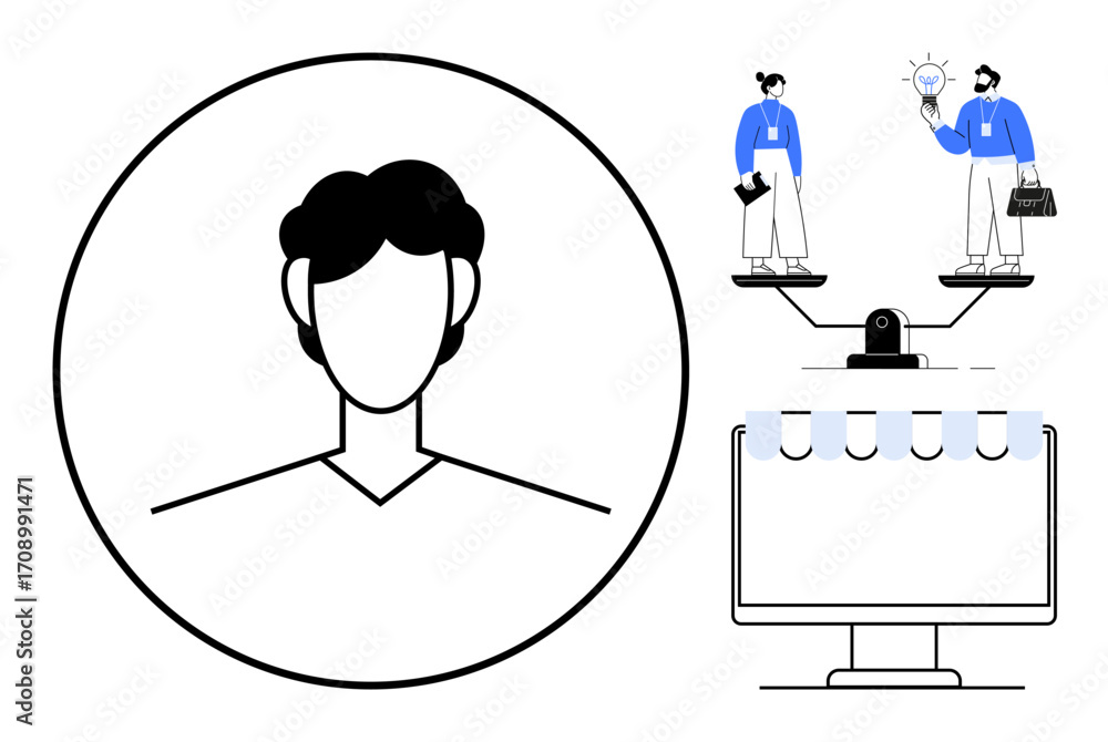 Aufkleber headshot outline with two figures balancing innovation and business on scales. a monitor with tabs e