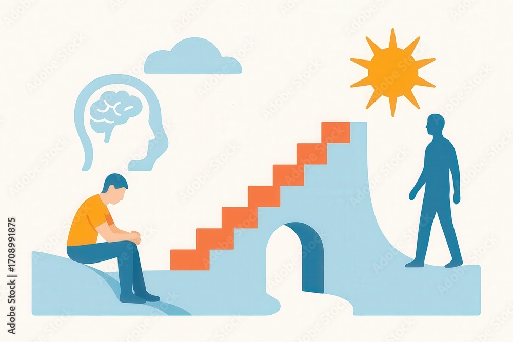Poster visualizing the journey from mental struggle to positive transformation showcasing stairs leading to
