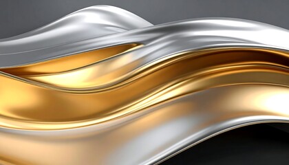 Abstract CGI of rippling metallic layers, silver over gold, dynamic and flowing, against a dark backdrop