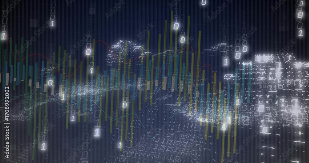 Aufkleber showing 3d data visualization in digital space with bars, mesh, trend lines, floating binary digits