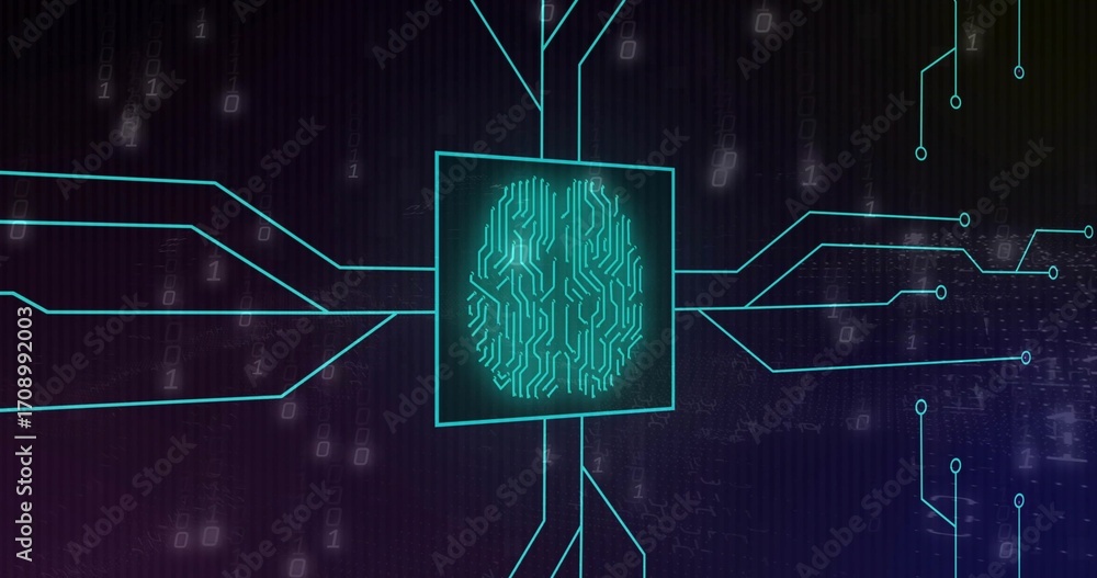 Leinwandbilder glowing square frame showing turquoise brain circuit emitting paths in cyberspace with binary code