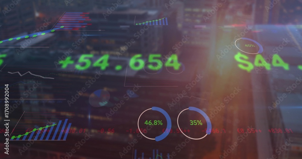 Poster financial data overlay floating in city skyline at dusk, with numeric values and charts