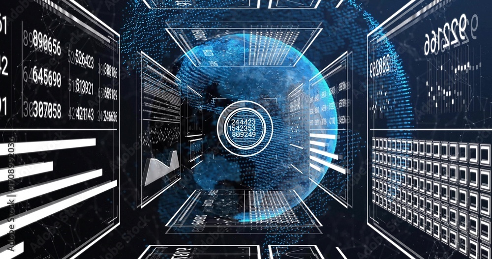 Poster earth globe hologram floating in digital interface with data panels, grid matrices and code windows