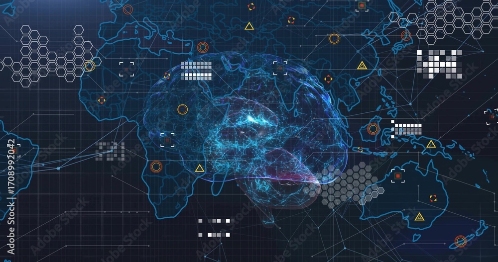 Poster projecting neon-blue brain network in ui with world map, hex clusters, icons, data bars and lines