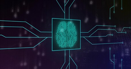 Glowing square frame showing turquoise brain circuit emitting paths in cyberspace with binary code