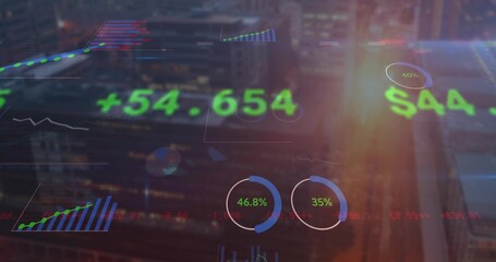 Financial data overlay floating in city skyline at dusk, with numeric values and charts