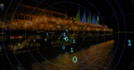 Projecting digital overlay with grid lines and binary code over lit building reflections at night