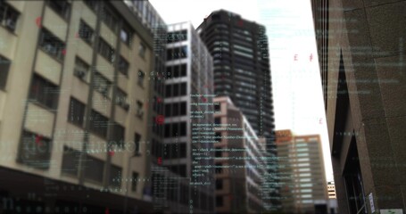 Showing dark glass tower rising through urban street canyon, with binary code and currency symbols