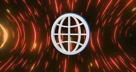 Floating metallic globe grid icon outlined in blue inside digital vortex, emitting light streaks