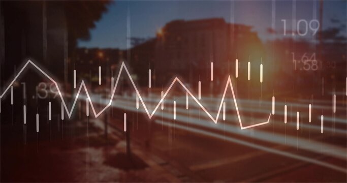Displaying white line chart overlay with candlestick bars and numeric labels on city street at dusk