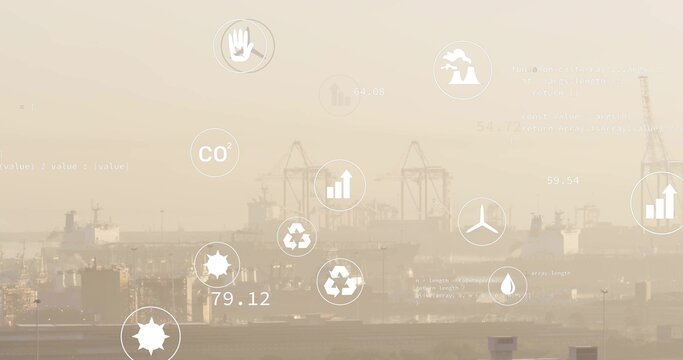 Dockside gantry cranes and container ships showing sustainability metric icons in hazy harbor - Powered by Adobe