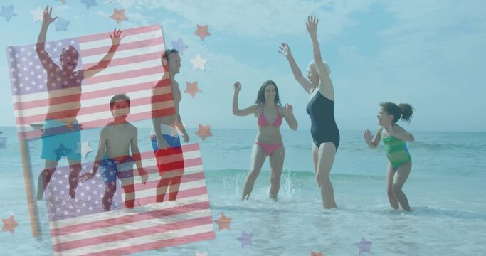 Playing family splashing in ocean at beach, with swimsuits, American flag overlay and star motifs - Powered by Adobe