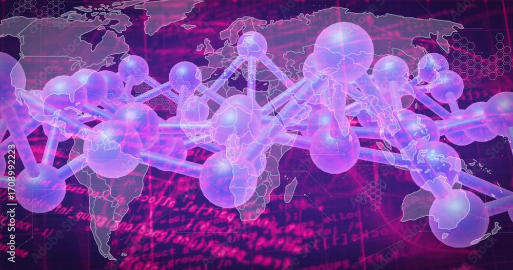 Poster displaying translucent spheres rods network across cyberspace world map, showing pink hexagon code