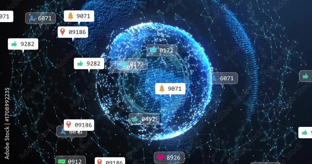 Aufkleber pulsing central blue data sphere rotating in cyberspace, with floating notification icons