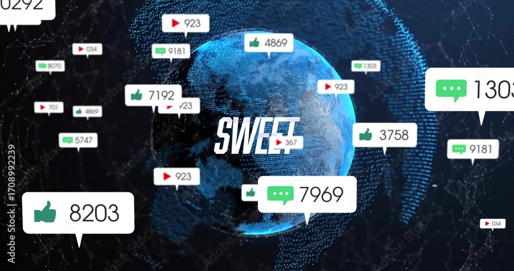 Aufkleber displaying blue mesh globe centered in dark tech network, with sweet text and floating social icons