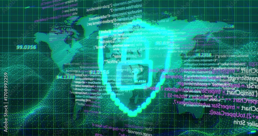 Aufkleber displaying shield icon with check mark glowing on world map grid, with code snippets, data clusters