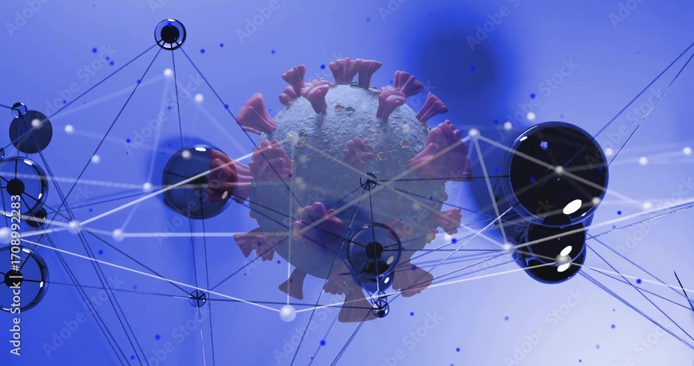 Poster floating virus particle hovering amid white lines and black nodes on blue backdrop, with data theme