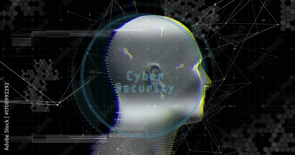 Aufkleber rotating mesh head glowing in digital environment, with dotted matrix and cyber security text