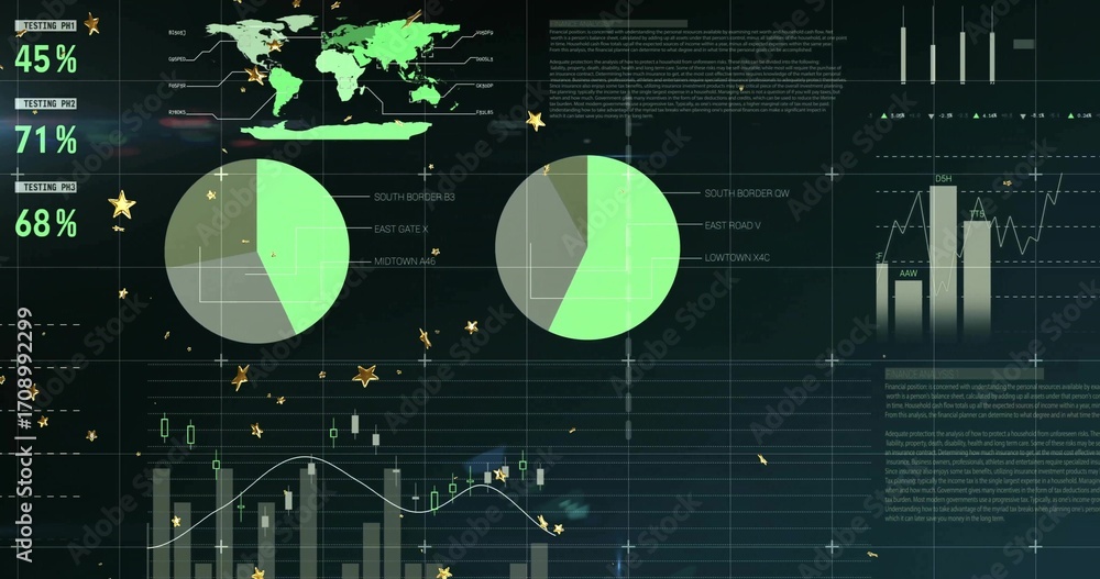 Aufkleber displaying data dashboard on dark screen, with world map, pie charts, metrics and bar chart overlay