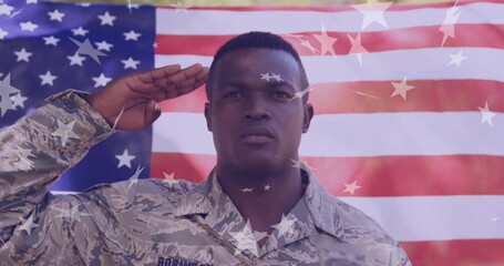 Saluting soldier wearing camouflage uniform at ceremony, with American flag and star overlay