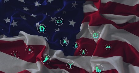 Displaying draped American flag in digital art, with circles showing green energy icons