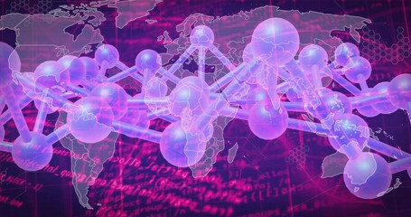 Displaying translucent spheres rods network across cyberspace world map, showing pink hexagon code