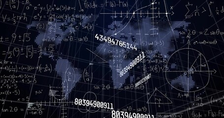 Displaying dotted world map overlaying 3D grid in data space, with math formulas and numbers