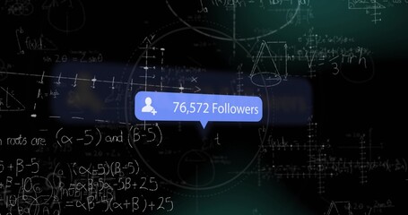 Displaying blue bubble reading 76,572 Followers on dark interface, user-add icon and chalk diagrams