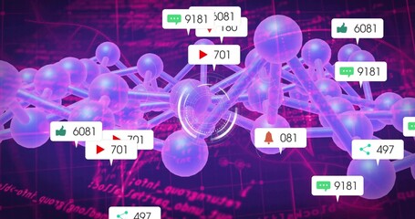 Displaying purple cylinder bonded network nodes floating in cyberspace, HUD and notification icons