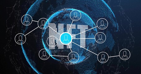 Projecting white dot-matrix IOT letters over dark virtual network, with stylized globe and avatars