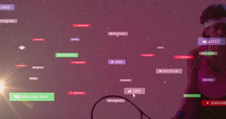 Gripping racket tennis player amid flare in purple space with social notifications, copy space