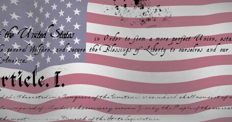Waving US flag overlaying cursive Gothic calligraphy in digital poster, with ink splatters grunge