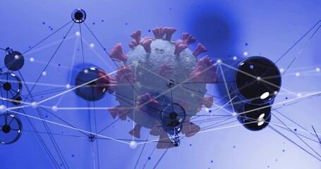 Floating virus particle hovering amid white lines and black nodes on blue backdrop, with data theme