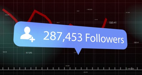 Displaying bubble with user+ icon showing followers on grid, with red line chart and numeric labels