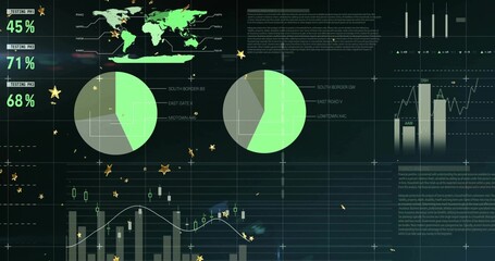 Displaying data dashboard on dark screen, with world map, pie charts, metrics and bar chart overlay