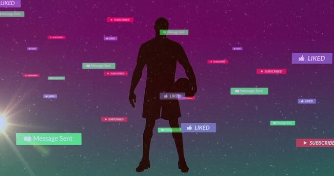 Silhouette basketball player holding ball in purple-green space, with notifications and lens flare - Powered by Adobe