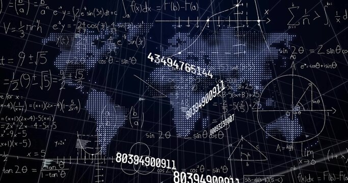 Displaying dotted world map overlaying 3D grid in data space, with math formulas and numbers