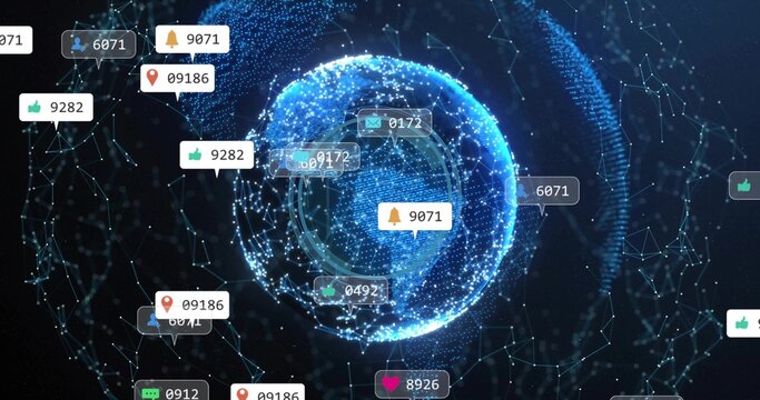 Pulsing central blue data sphere rotating in cyberspace, with floating notification icons