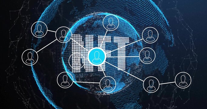 Projecting white dot-matrix IOT letters over dark virtual network, with stylized globe and avatars - Powered by Adobe