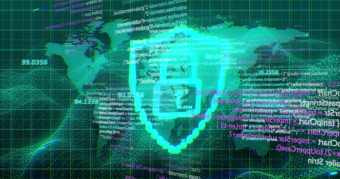Displaying shield icon with check mark glowing on world map grid, with code snippets, data clusters