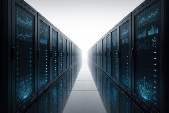 Futuristic data center aisle with glowing fiber optics and holographic analytics clean 3D render blue LED server racks for tech branding