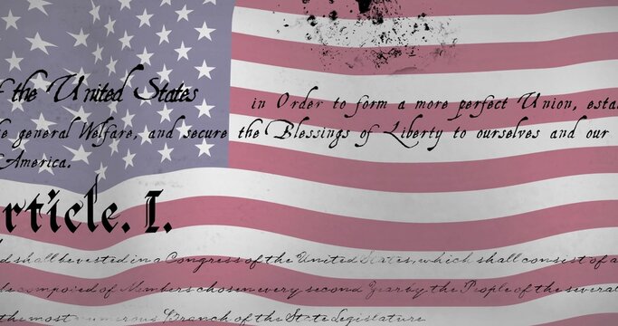Naklejki Waving US flag overlaying cursive Gothic calligraphy in digital poster, with ink splatters grunge