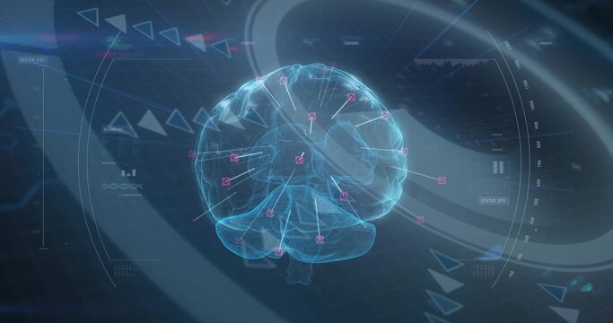 Rendering holographic wireframe brain in 3D console UI showing pink nodes, lines, arrows