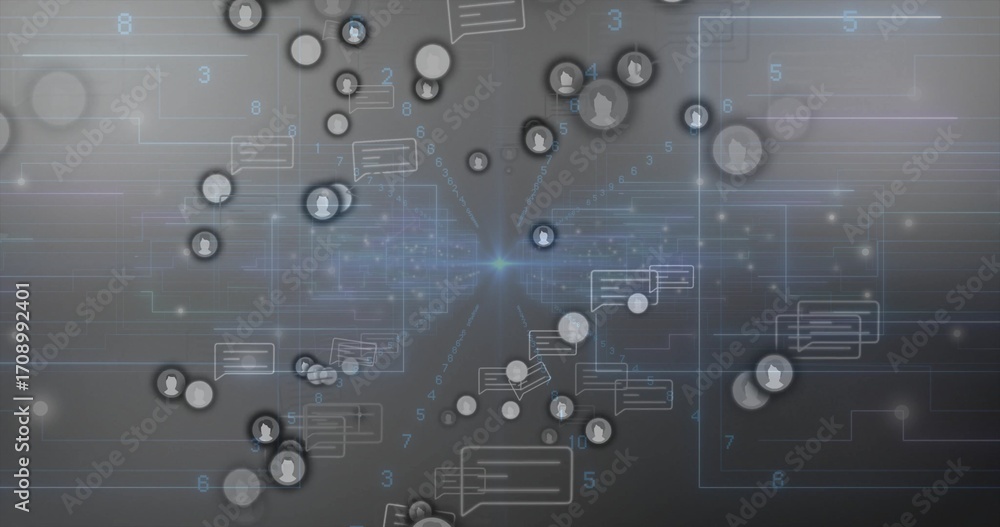 Aufkleber central glow emitting blue lines connecting user icons in grid interface, chat bubbles and numbers