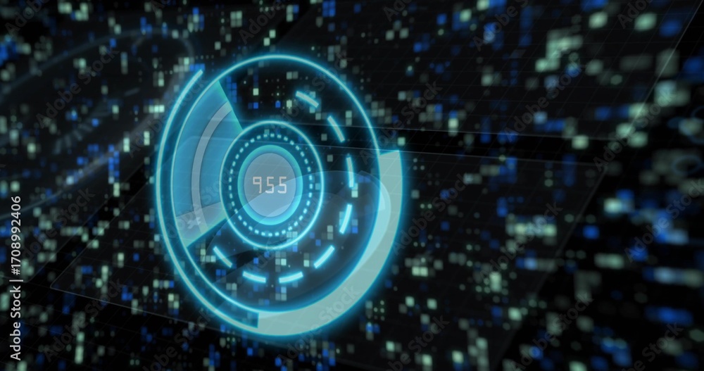 Poster projecting blue hologram interface floating in digital grid, with pixel blocks and readout 955